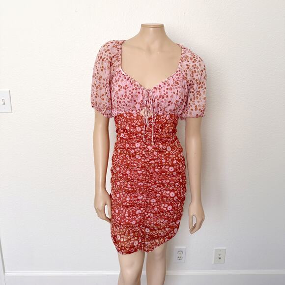[Free People] Tessa Floral Puff Sleeve Ruched Open Back Mini Dress Size Large L - Picture 2 of 11